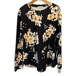 Fantaslook Blouse Womens XL Long Sleeve Top Black Yellow Floral Print Soft NEW